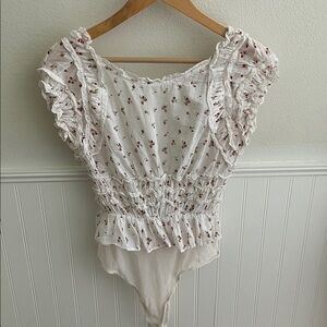 White Floral Ruffle Bodysuit Top